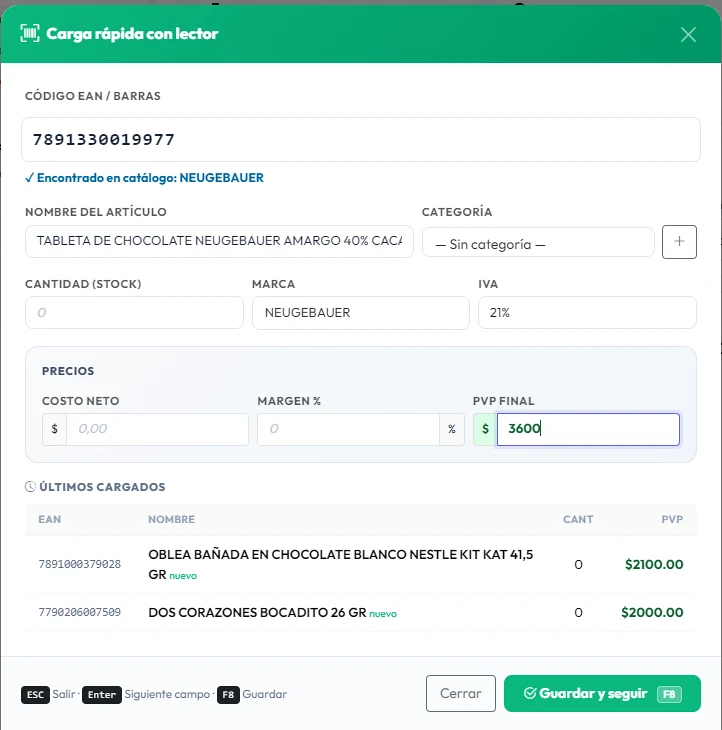 Carga rápida real de artículos con lector