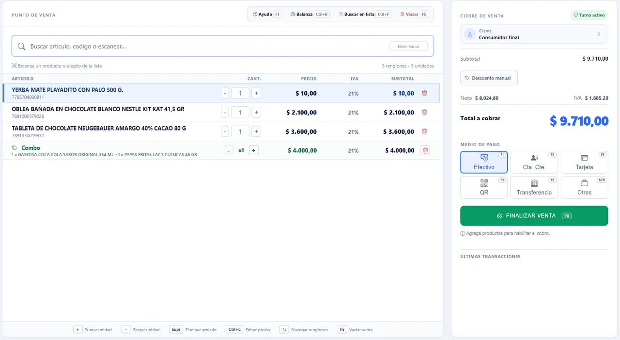 Punto de venta real de migestionOnline con combo y medios de pago